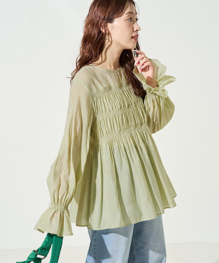 シアーギャザーフリル袖ロングスリーブブラウス【限定展開】