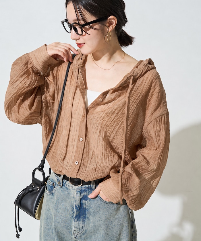 フード付き シアー オーバー ボタン シャツ【限定展開】