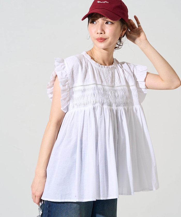 インド ボイル ピンタック ギャザー フリル ブラウス【限定展開】