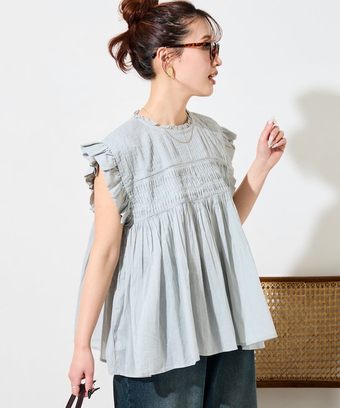 インド ボイル ピンタック ギャザー フリル ブラウス【限定展開】