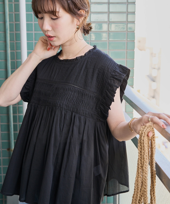 インド ボイル ピンタック ギャザー フリル ブラウス【限定展開】