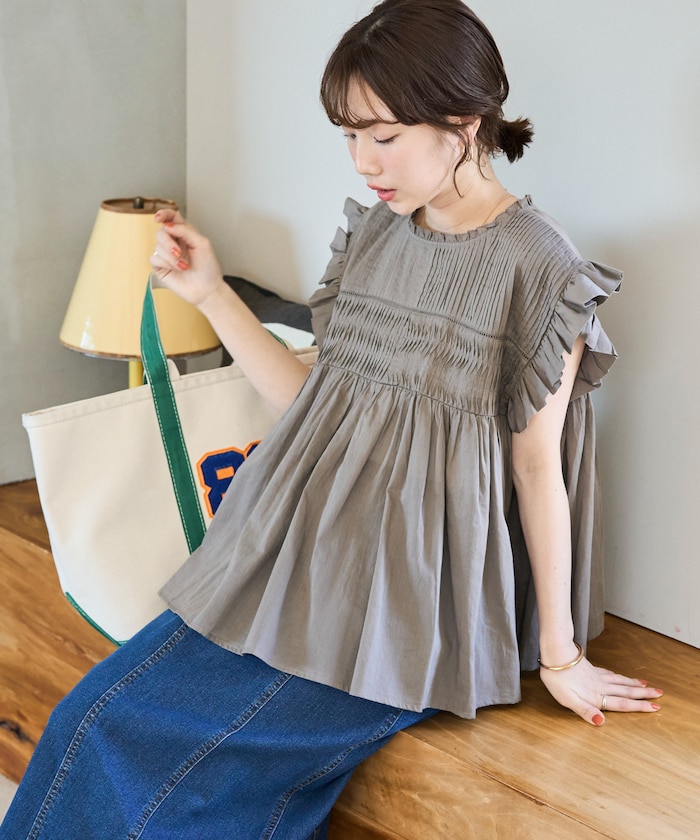 インド ボイル ピンタック ギャザー フリル ブラウス【限定展開】