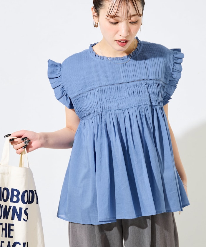 インド ボイル ピンタック ギャザー フリル ブラウス【限定展開】