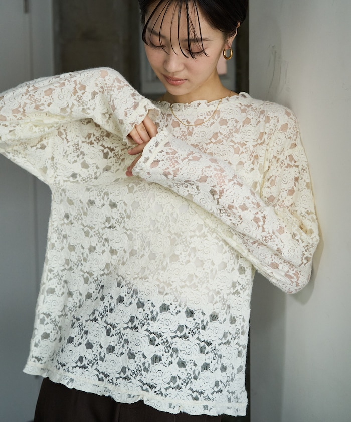 前後 2WAY 起毛 レース ルーズ ロングスリーブ トップス【限定展開】
