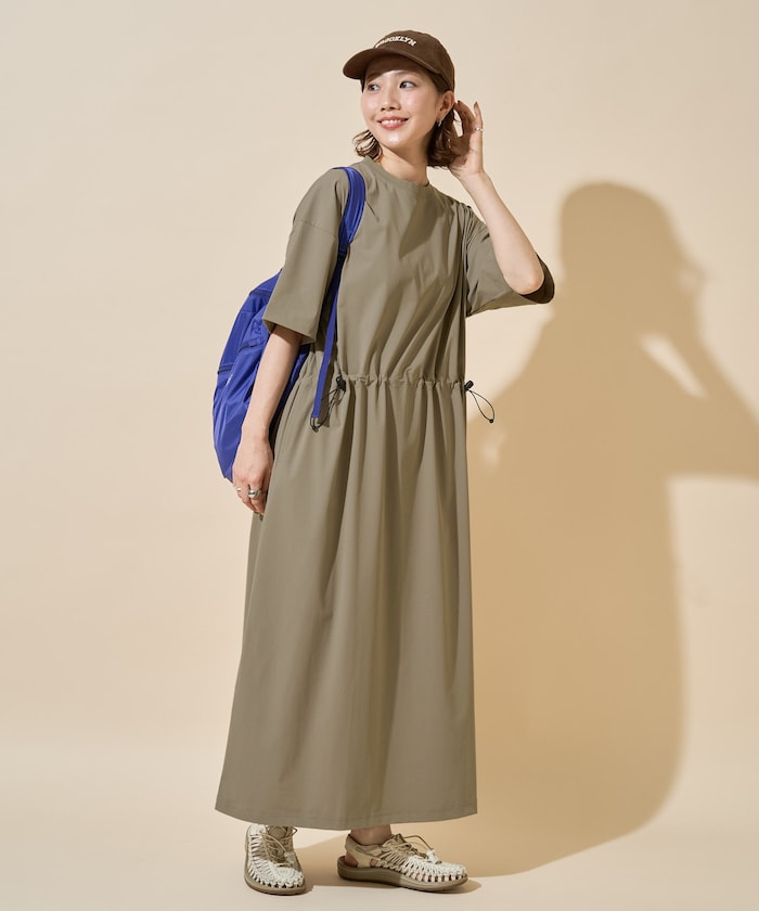<UVカット・吸水速乾・接触冷感・抗菌・ストレッチ>別注 ドロー コード 半袖 ワンピース【限定展開】