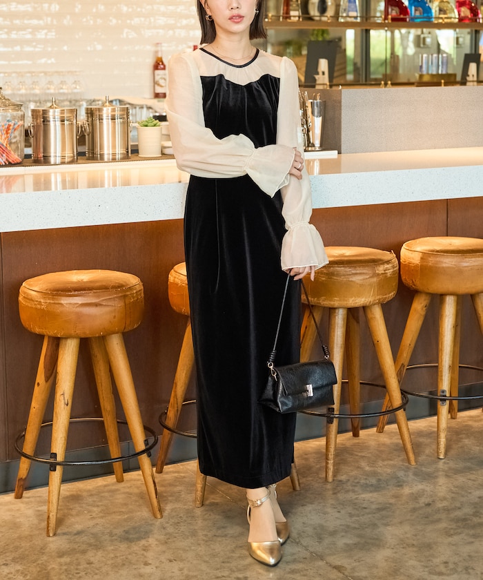 オーガンジー ベロア 切り替え パフスリーブ ワンピース(ドレス)【限定展開】