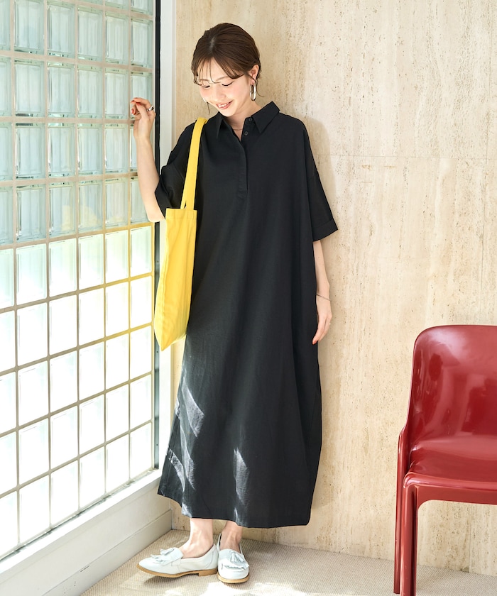 麻タッチ 襟付き 半袖 シャツワンピース【限定展開】