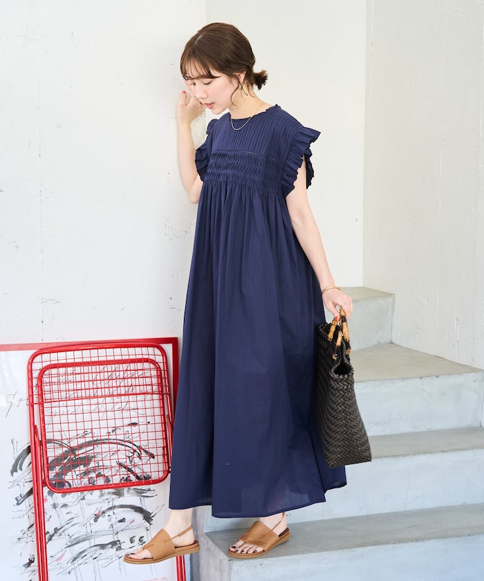 インド ピンタック フリル ノースリーブ ワンピース【限定展開】