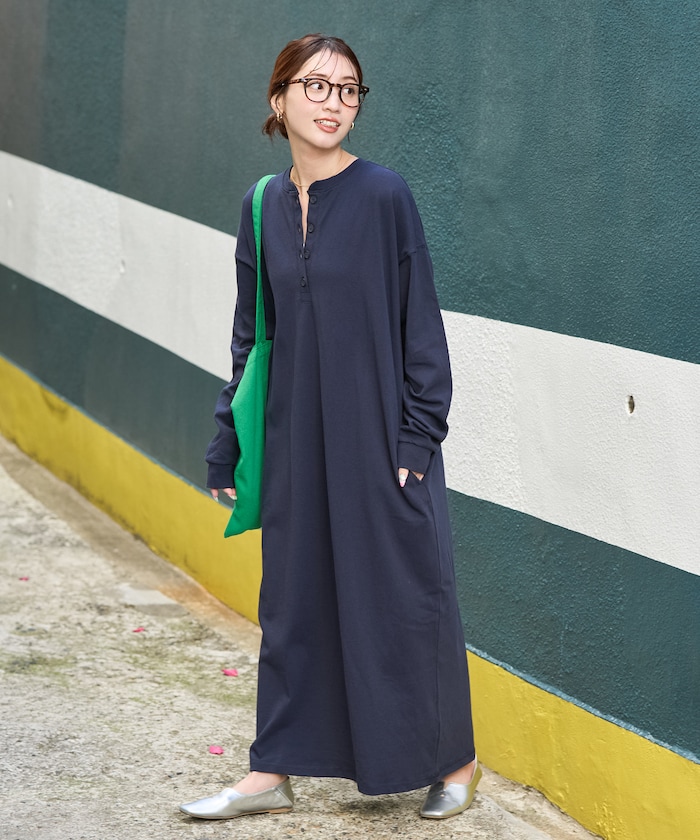 USAコットンヘンリーネックロングスリーブワンピース【限定展開】