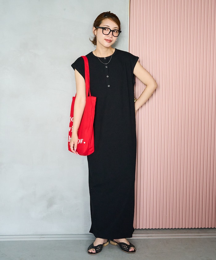 ヘンリー ボタン フレンチ スリーブ ワンピース【限定展開】