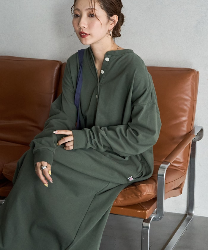 USAコットン ヘンリーネック ロングスリーブ ワンピース【限定展開】