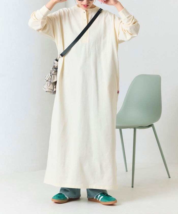 FREAK'S STORE/USAコットン ヘンリーネック ロングスリーブ ワンピース