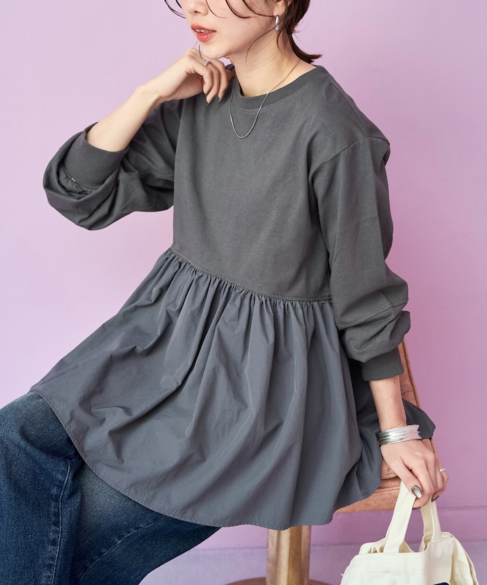 FREAK'S STORE/カットソー 布帛 ドッキング ティアード 切り替え プル