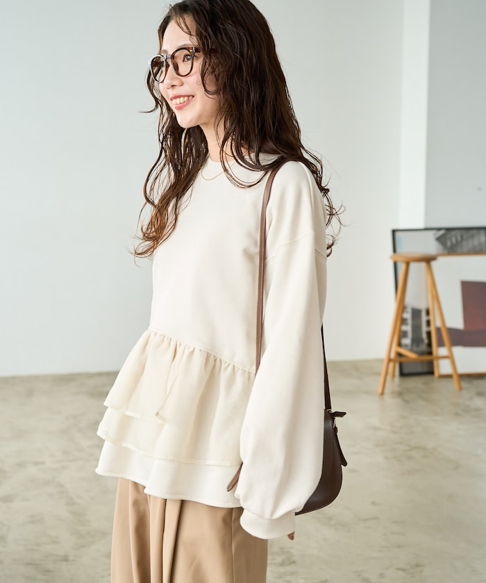 オーガンジー フリル 切り替え 裏毛 スウェット プルオーバー【限定展開】