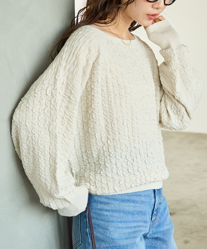 クシュクシュ ギャザー 編み ボートネック プルオーバー【限定展開】