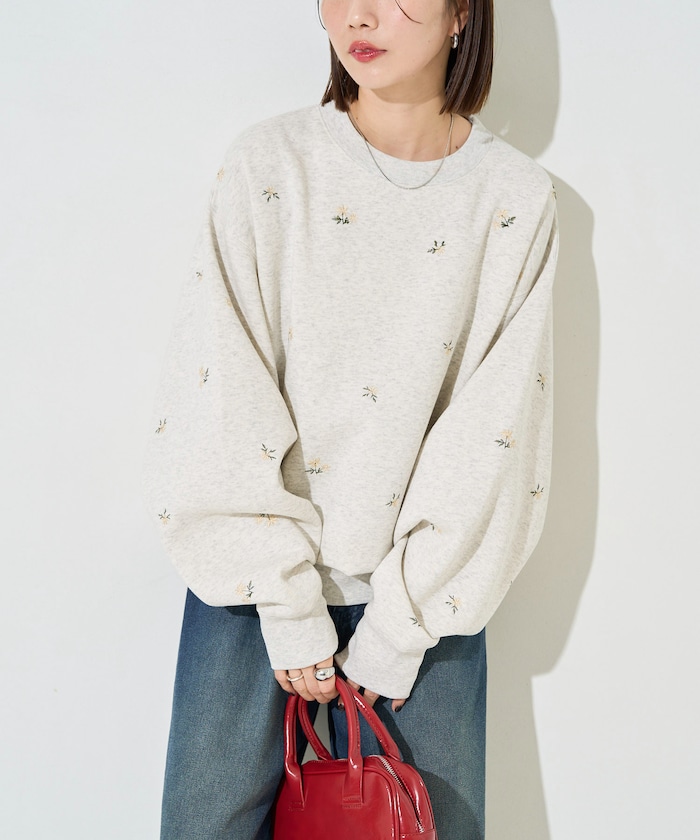小花 刺繍 裏起毛 スウェット プルオーバー【限定展開】