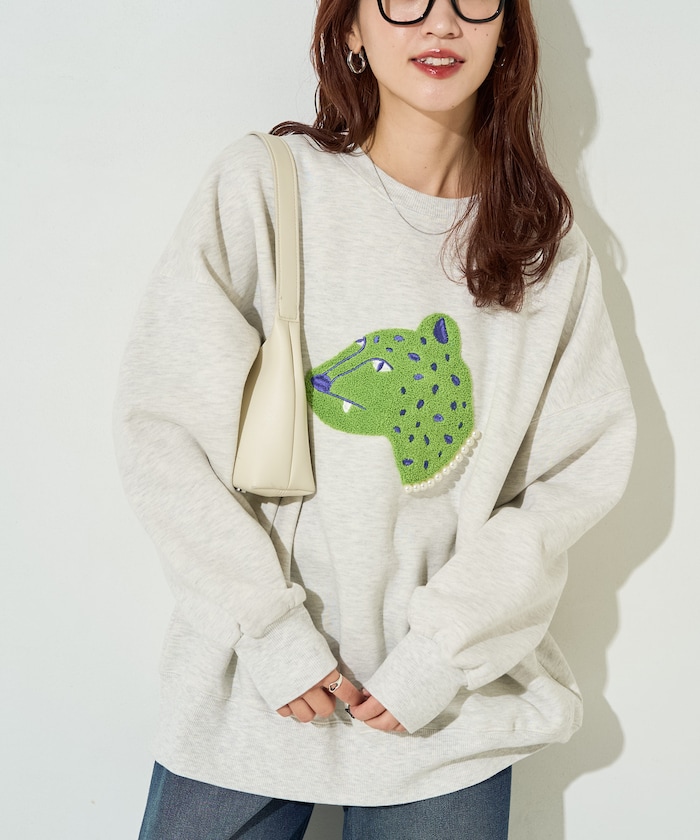 レオパード サガラ刺繍 パール 裏起毛 スウェット【限定展開】