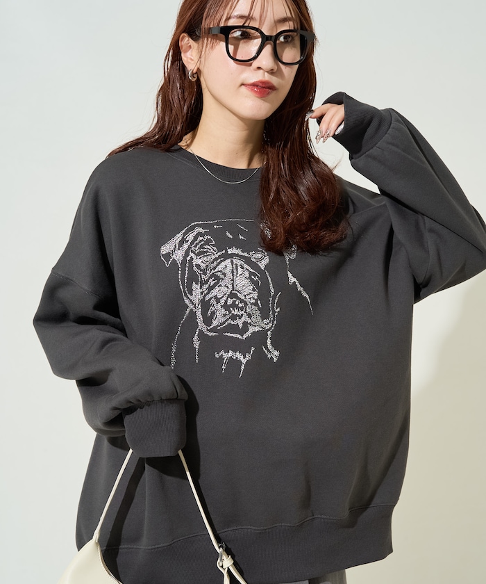 ブルドッグ ラメ 刺繍 ビッグ 裏起毛 スウェット【限定展開】
