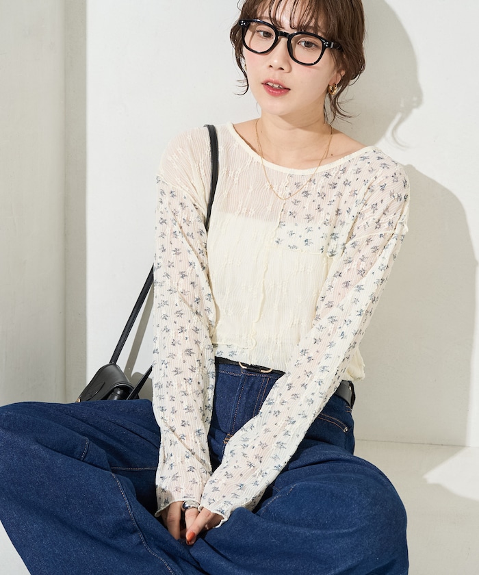 小花柄プリントパッチワークレーストップス【限定展開】