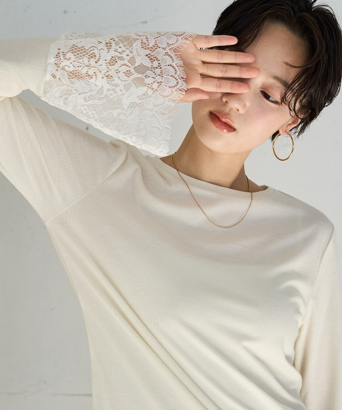 フレア 袖 レース ドッキング ロングスリーブ Tシャツ【限定展開】