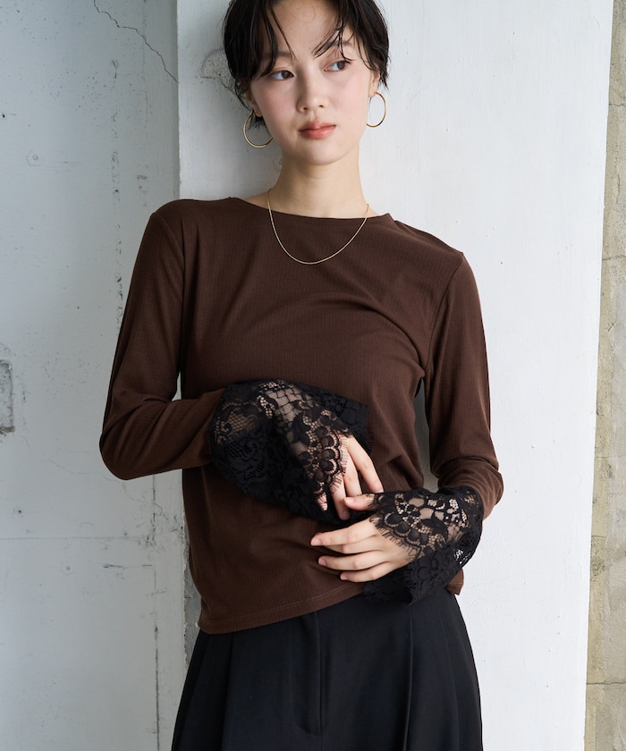 フレア 袖 レース ドッキング ロングスリーブ Tシャツ【限定展開】