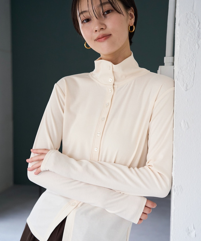 2WAY 襟 ハイネック ボタン ロングスリーブ トップス【限定展開】