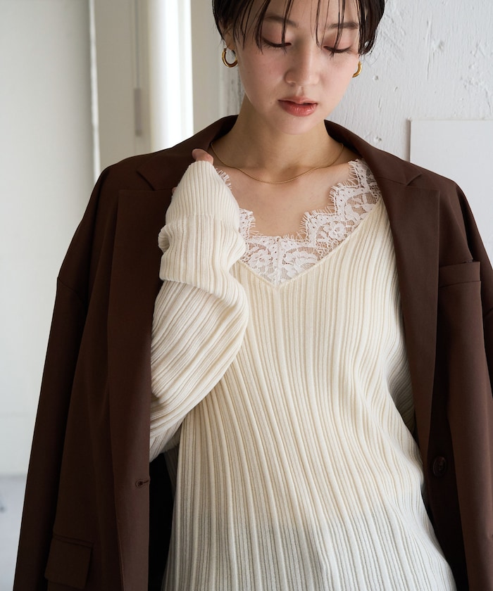 レース ドッキング Vネック ロングスリーブ トップス【限定展開】