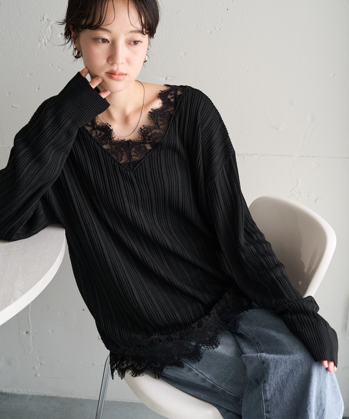 レース ドッキング Vネック ロングスリーブ トップス【限定展開】