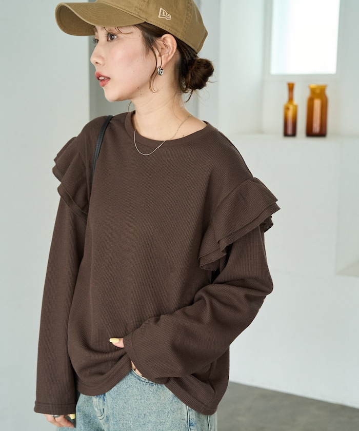 ワッフル フリル 袖 ロングスリーブ プルオーバー【限定展開】