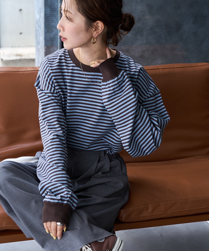 ビッグ シルエット カラー ボーダー ロングスリーブ Tシャツ【限定展開】