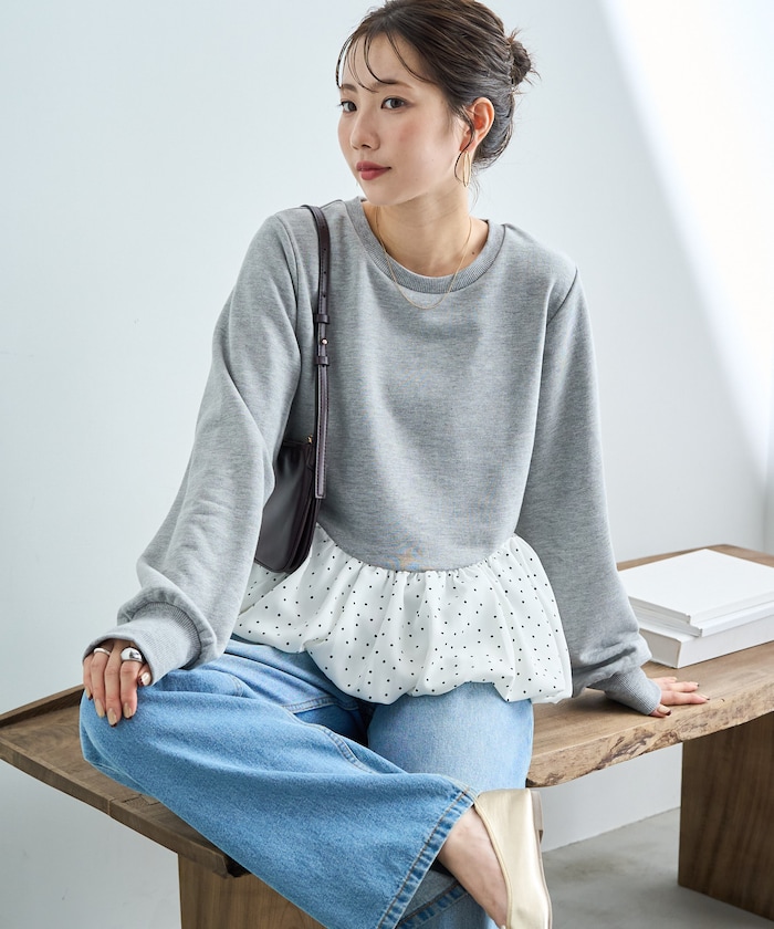 ドット 布帛 ドッキング ペプラム 裏毛 プルオーバー【限定展開】