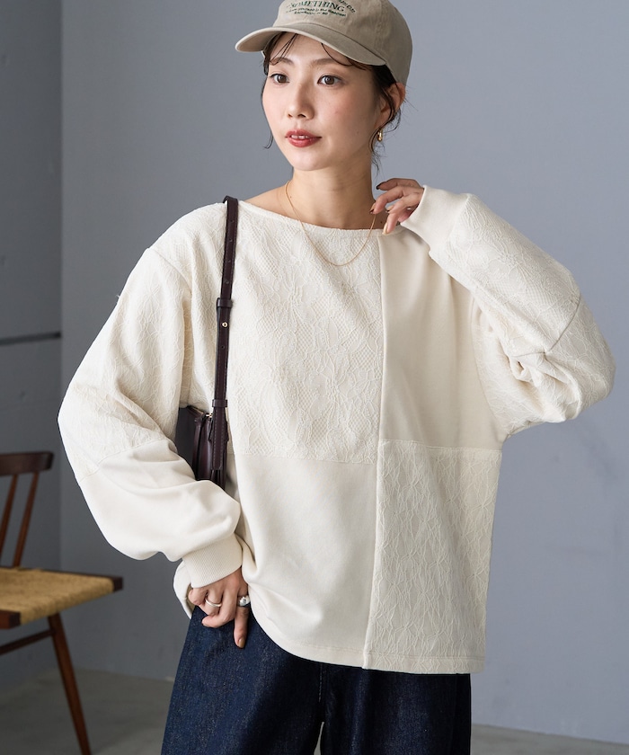 レース パッチワーク風 スウェット プルオーバー【限定展開】