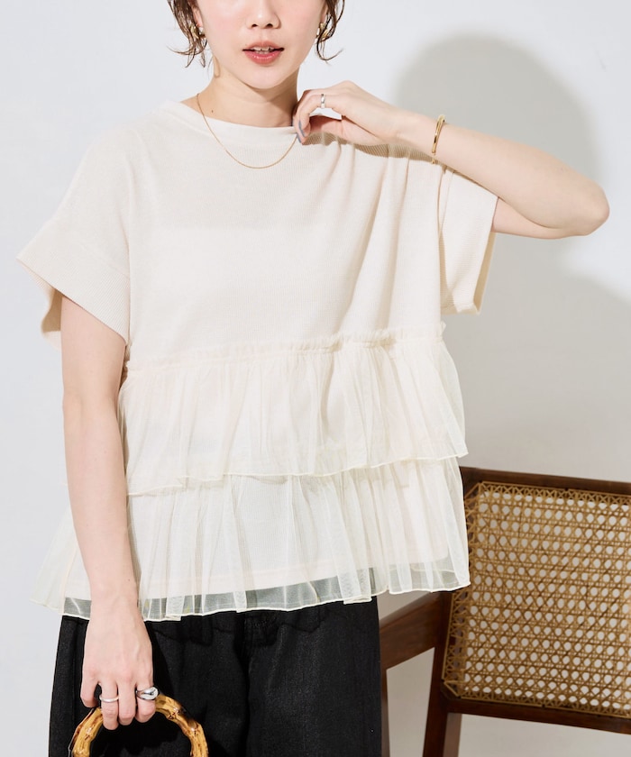 ライトワッフルチュールドッキング半袖Tシャツ【限定展開】