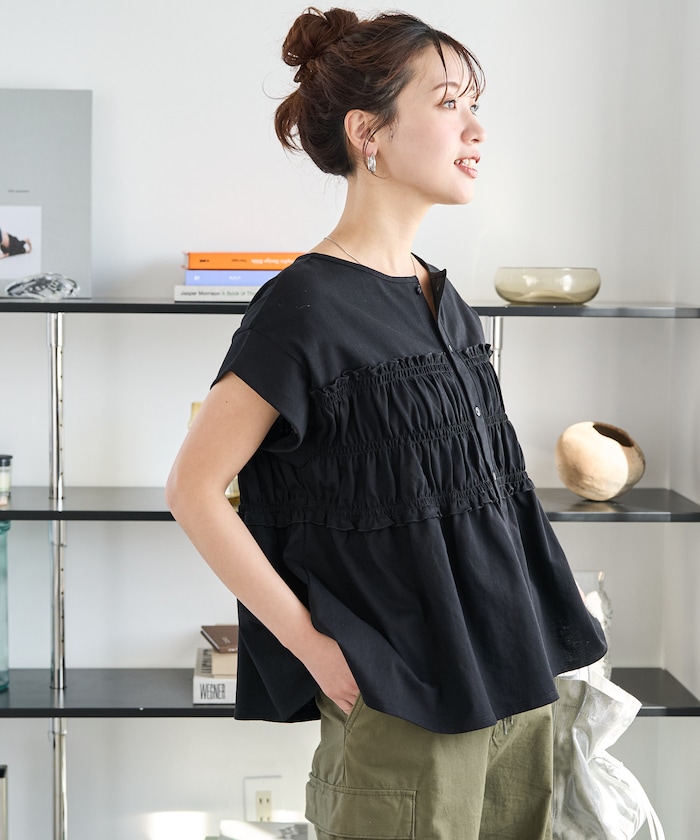 カットシャーリング ボタン ノースリーブ Tシャツ【限定展開】