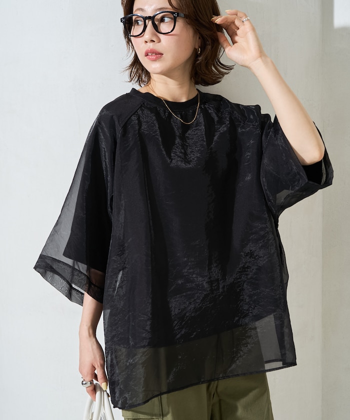 オーガンジー × カットソー 重ね ラグラン 半袖 Tシャツ【限定展開】