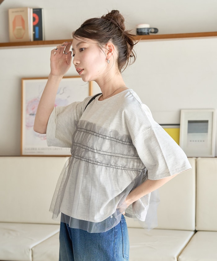 チュール フリル ドッキング 半袖 Tシャツ【限定展開】