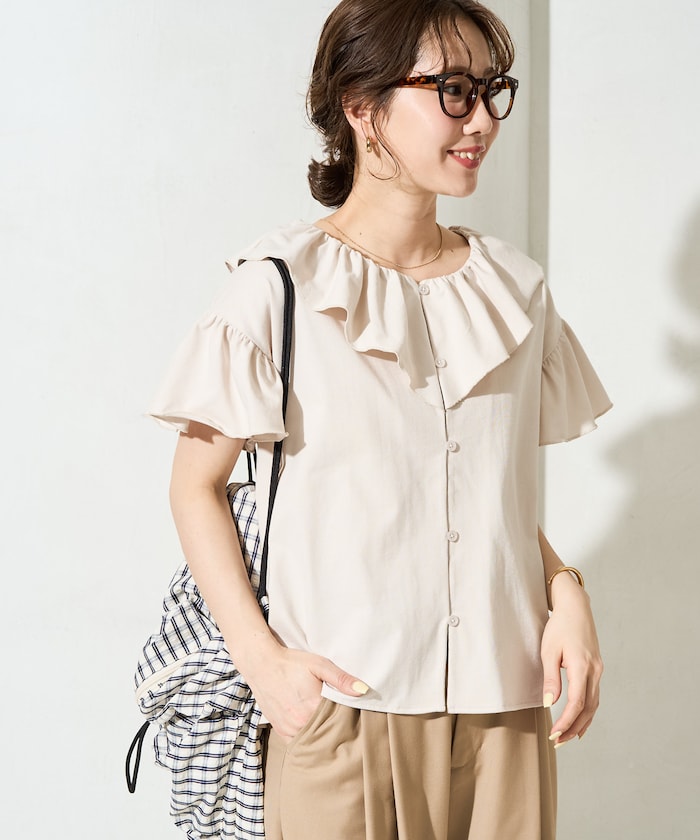 <接触冷感>フリルカラー 袖フレア ボタン トップス【限定展開】