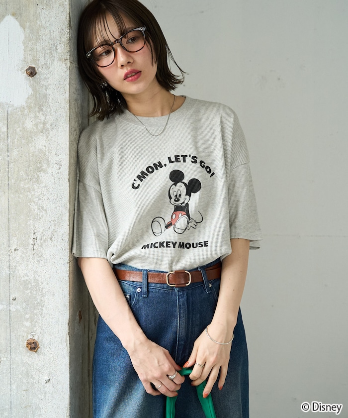 別注/Mickey＆Minnie/ミッキーマウス＆ミニーマウス/ワッフルプリント半袖Tシャツ【限定展開】