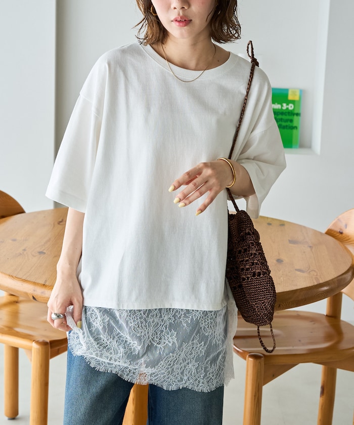 レース ドッキング ビッグシルエット 半袖 Tシャツ【限定展開】