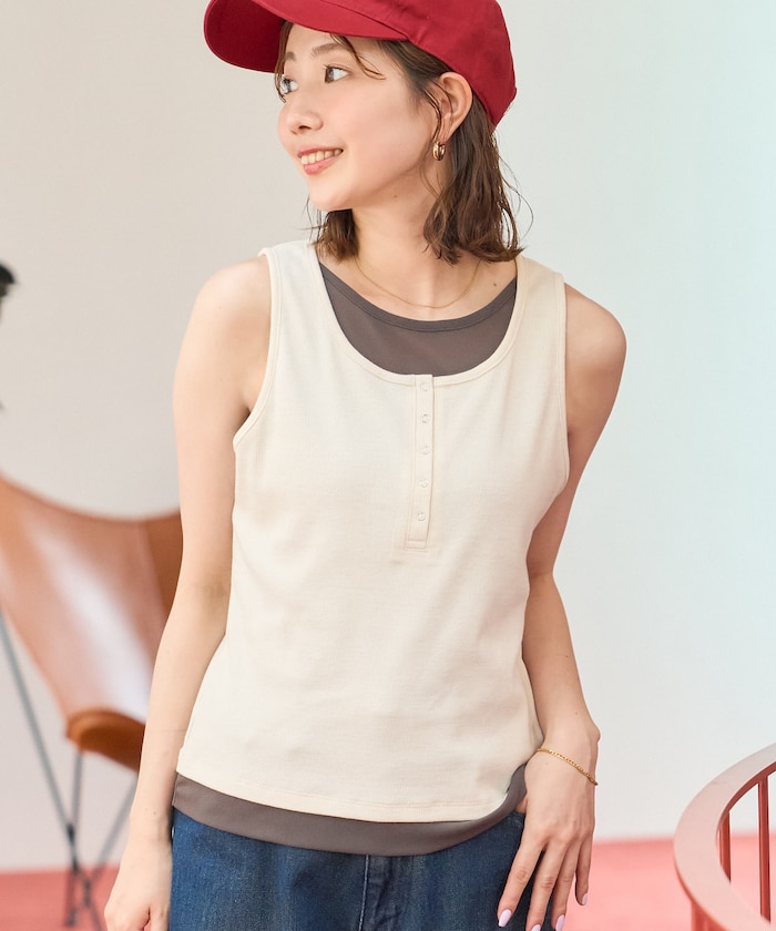 レイヤード風 スナップ ヘンリーネック タンクトップ【限定展開】