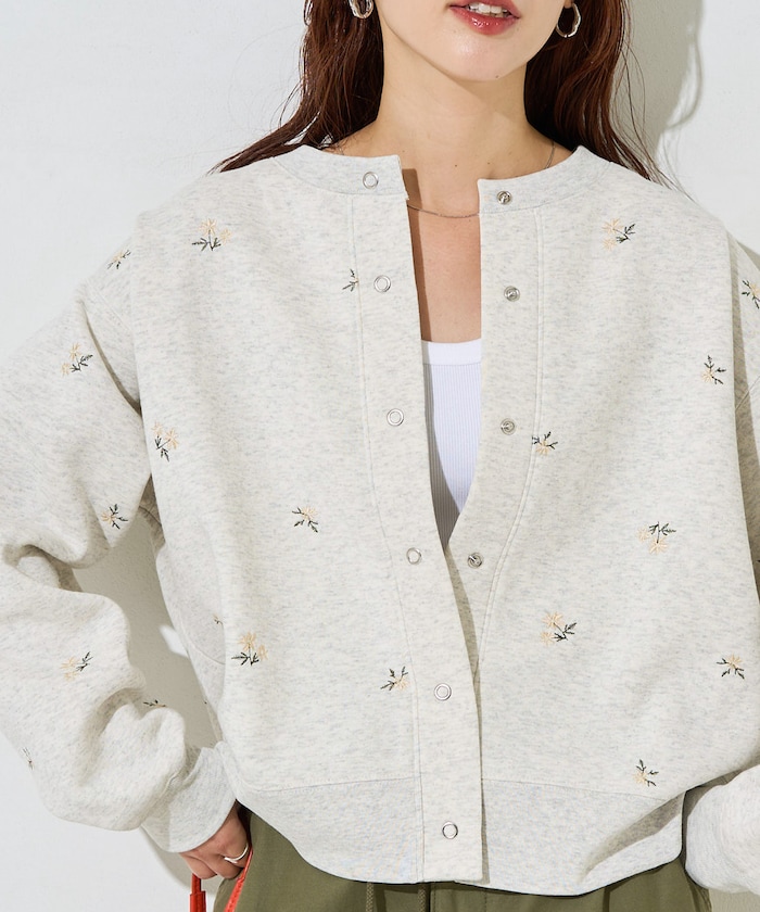 小花 刺繍 裏起毛 スウェット カーディガン【限定展開】