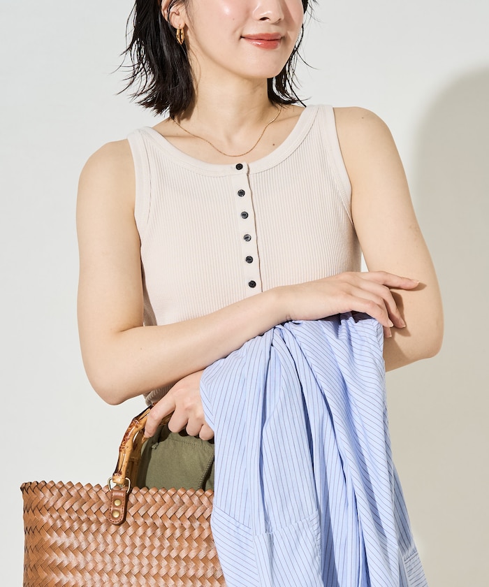ヘンリーネック ボタン リブ タンクトップ【限定展開】