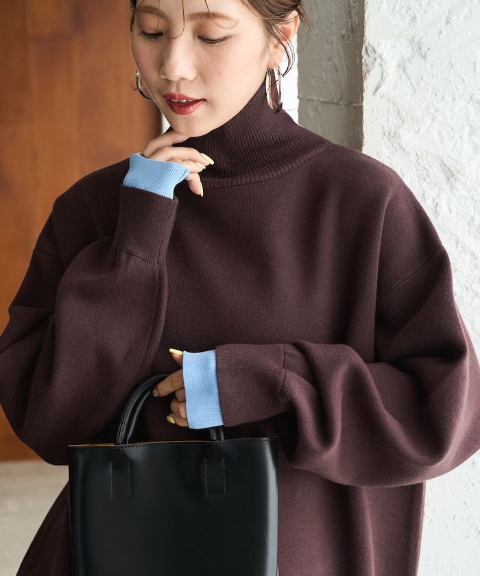 接結 配色 カラー タートルネック ニット プルオーバー【限定展開】
