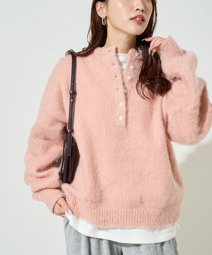 ウール タッチ 起毛 ヘンリーネック ニット【限定展開】