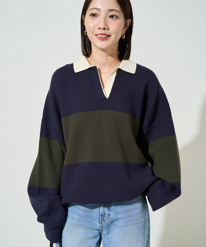 配色 襟 スキッパー ニット プルオーバー【限定展開】