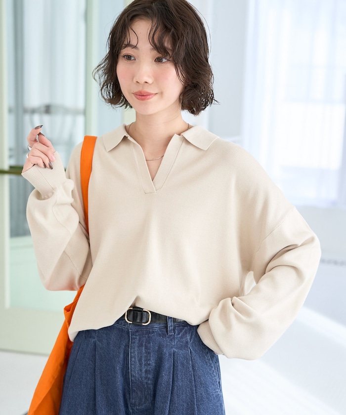 スキッパーポロ襟ロングスリーブニットプルオーバー【限定展開】