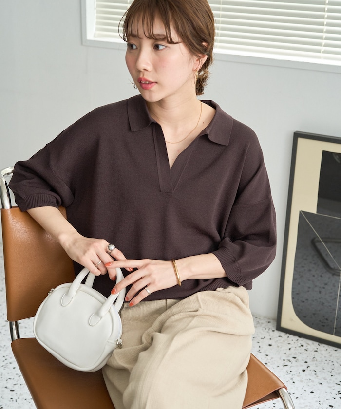 半袖ポロ襟スキッパーサマーニット【限定展開】