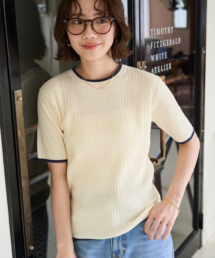 配色ラインリブ半袖ニットトップス【限定展開】
