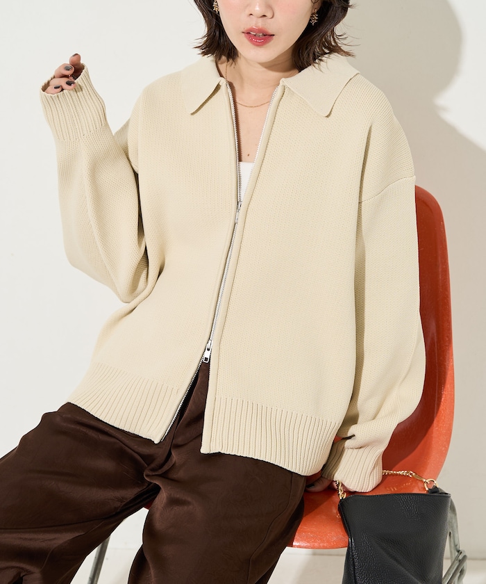 【FREAK'S STORE】 軽量 ニット 襟付き ダブル ジップ カーディガン【限定展開】 female 【FREAK'S STORE】 軽量 ニット 襟付き ダブル ジップ カーディガン【限定展開】 female