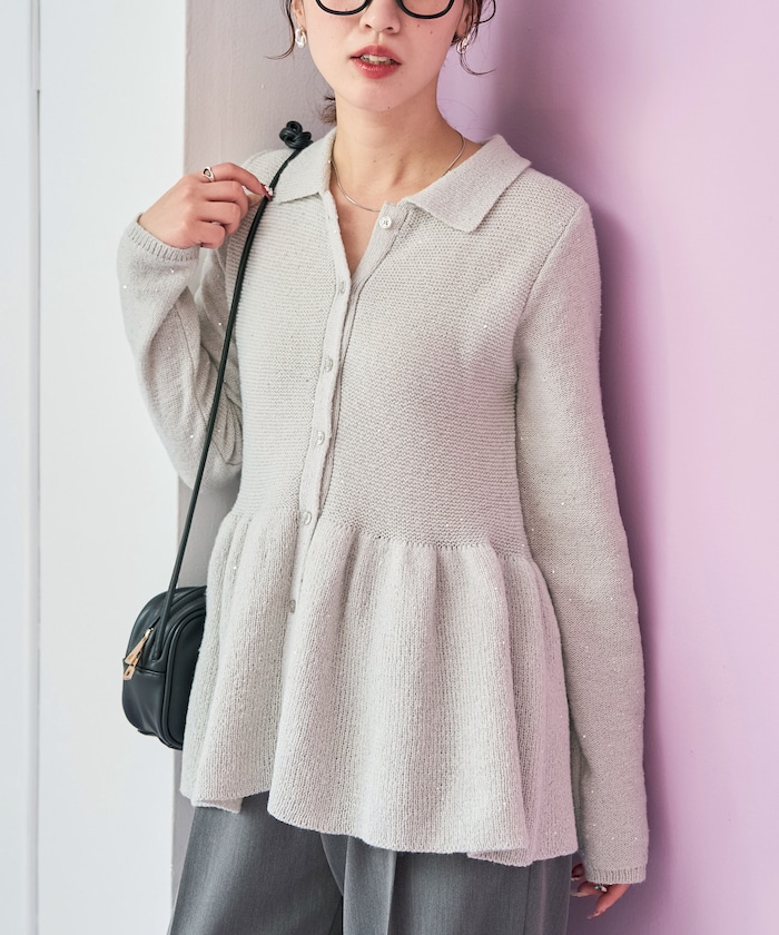 襟付き スパンコール ペプラム カーディガン【限定展開】